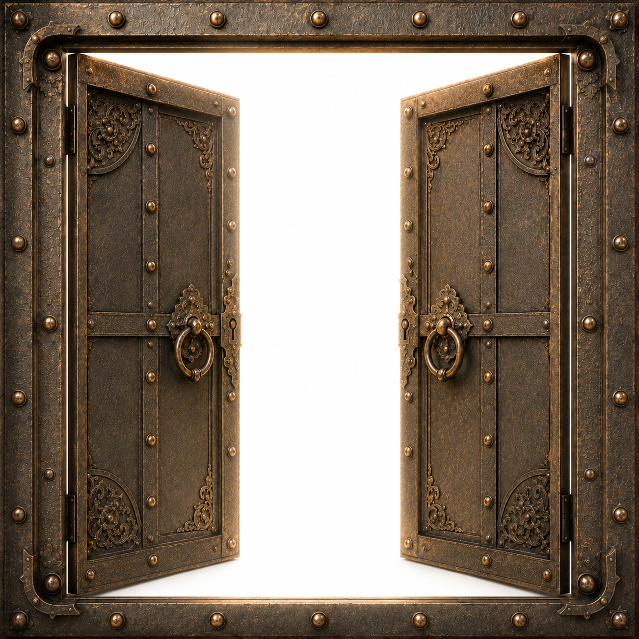 An antique double door standing open, light coming through from the other side