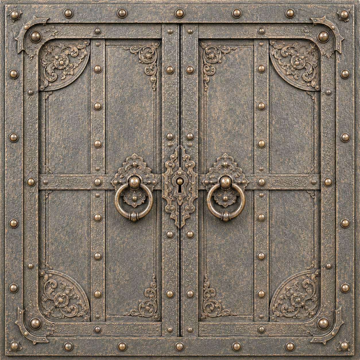 An antique studded double door, closed, representing information waiting behind it