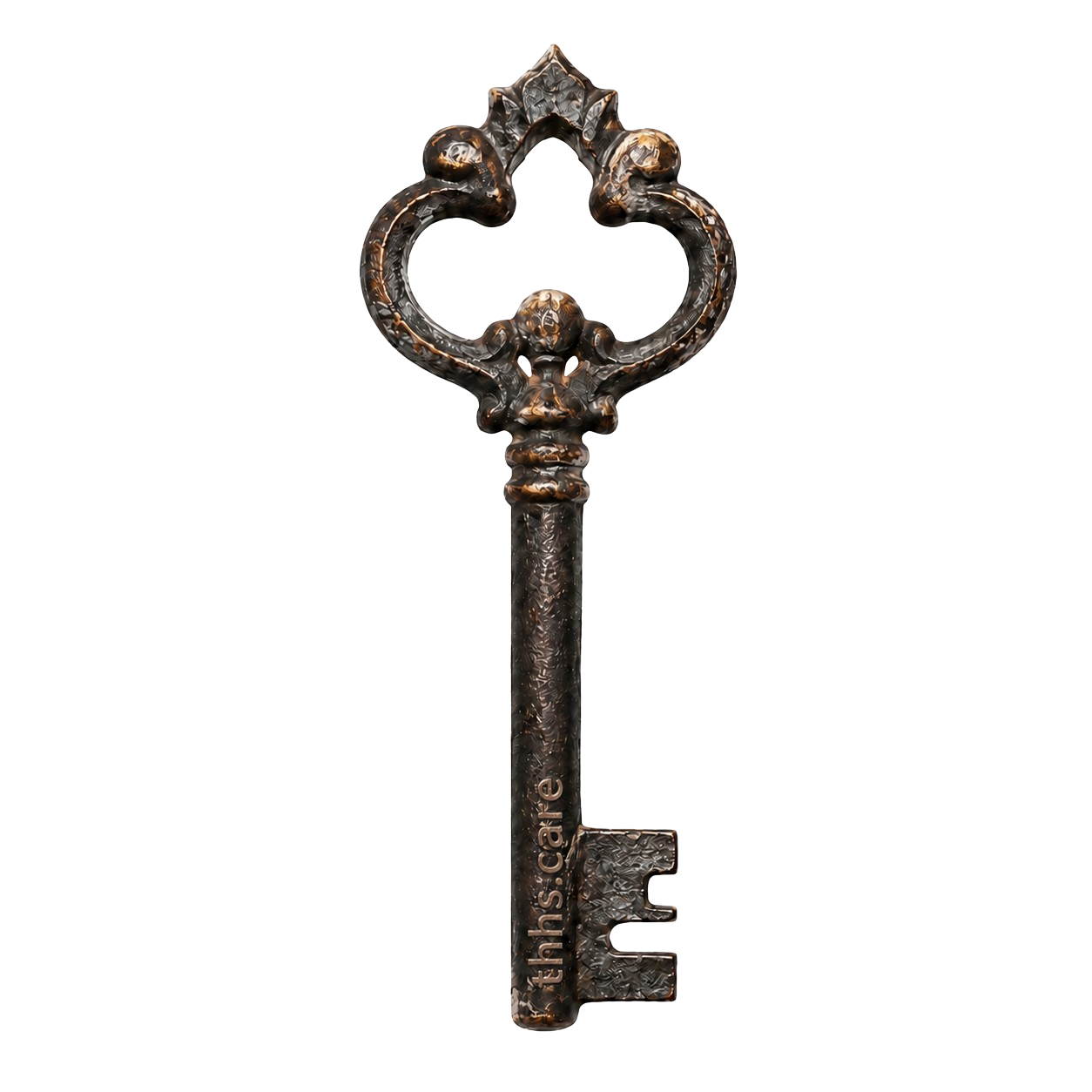 An antique iron key, worn from use, representing the support that opens a door