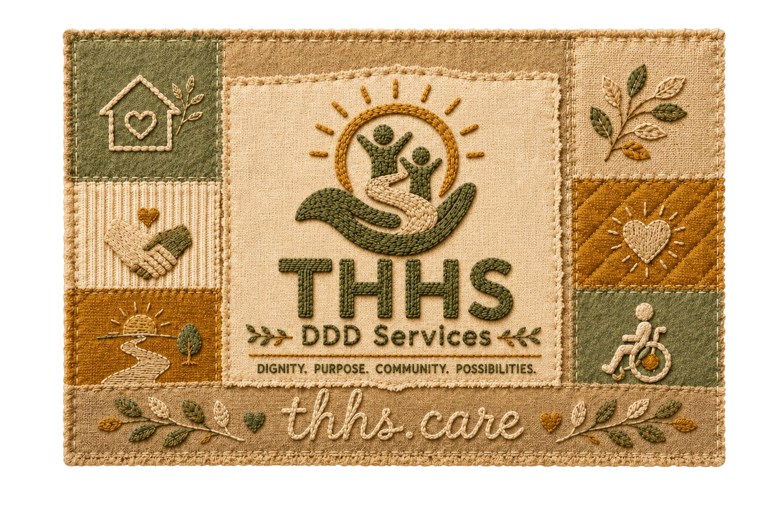Embroidered Tender Hand DDD Services patch: a hand cradling two figures beneath a rising sun.